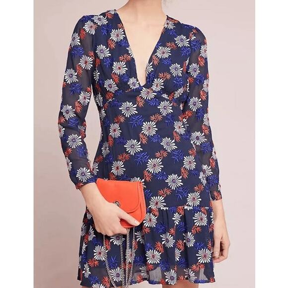 Ella Moss Every Embroidered Zoelie V Neck Chiffon Floral Mini Dress Blue XS - Picture 1 of 16